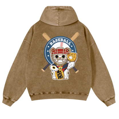 Baseball Cat Vintage Washed Cotton Back Art Hoodie