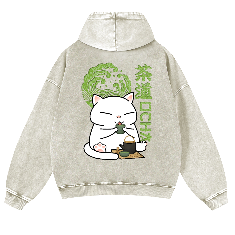 Cat Tea Vintage Washed Cotton Back Art Hoodie