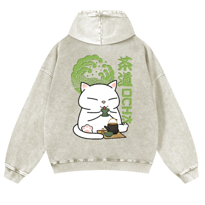 Cat Tea Vintage Washed Cotton Back Art Hoodie