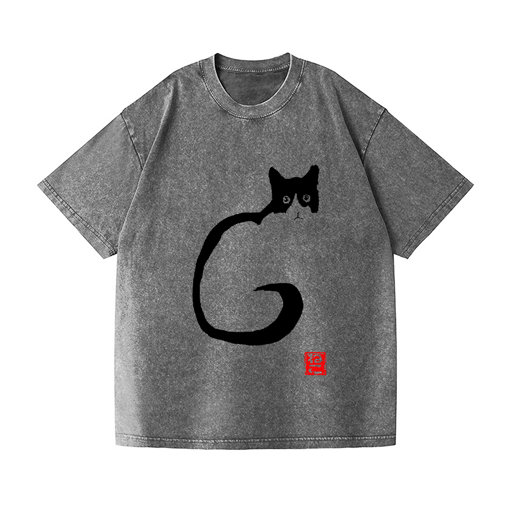 Black Ink Cat Neko Vintage Wash Japanese Design T-Shirt