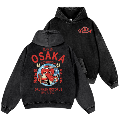 Osaka Dotonbori Drunken Octopus Vintage Washed Cotton Back Art Hoodie