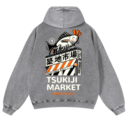 Tsukiji Fish Market Vintage Washed Cotton Back Art Hoodie