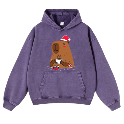 Capybara's Christmas Time Vintage Washed Thick Cotton Hoodie