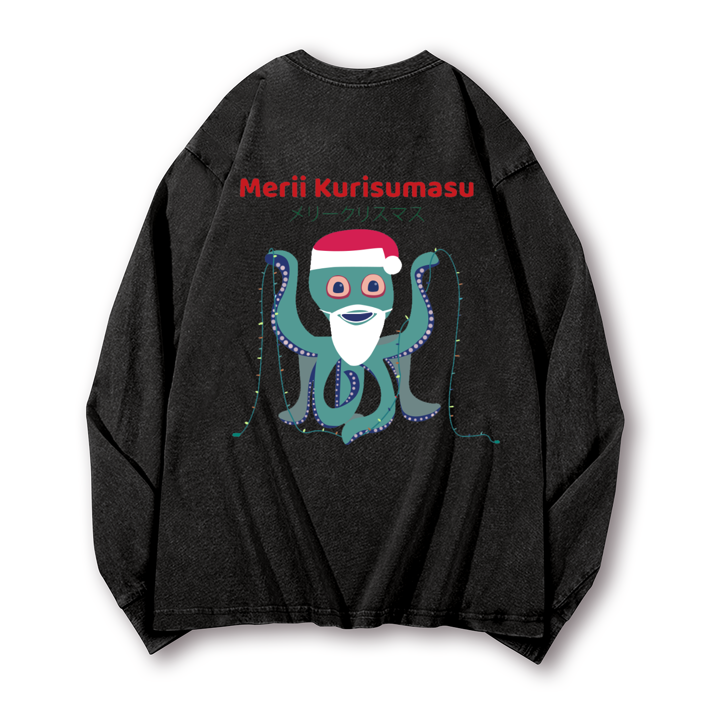 Christmas Octopus Vintage Washed Cotton Back Art Long-sleeve T-shirt