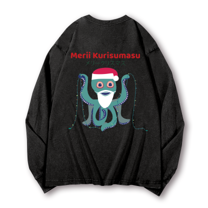 Christmas Octopus Vintage Washed Cotton Back Art Long-sleeve T-shirt