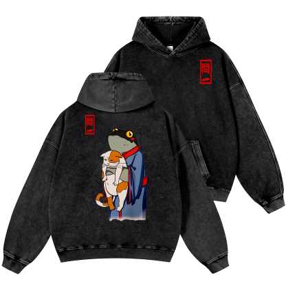 Frog and Cat Vintage Washed Cotton Back Art Hoodie