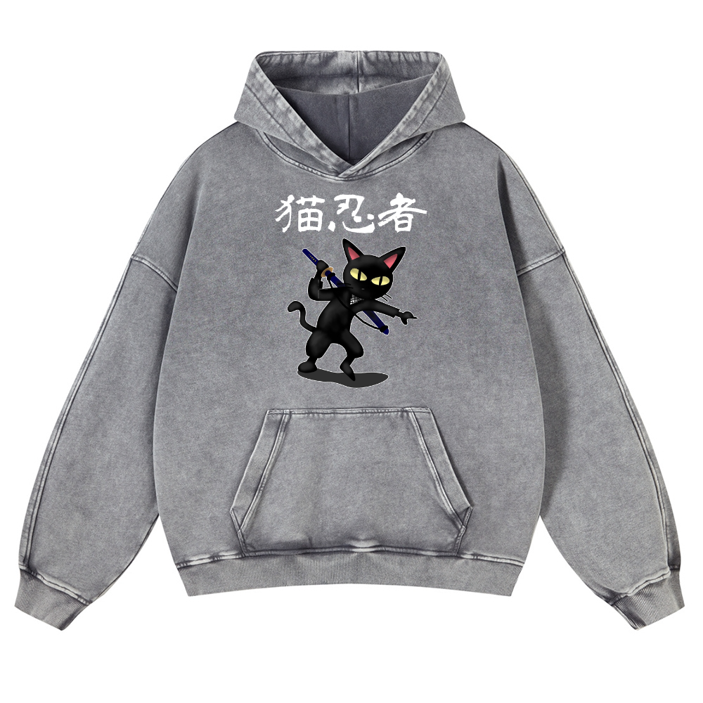 Cat Ninja Vintage Washed Thick Cotton Hoodie