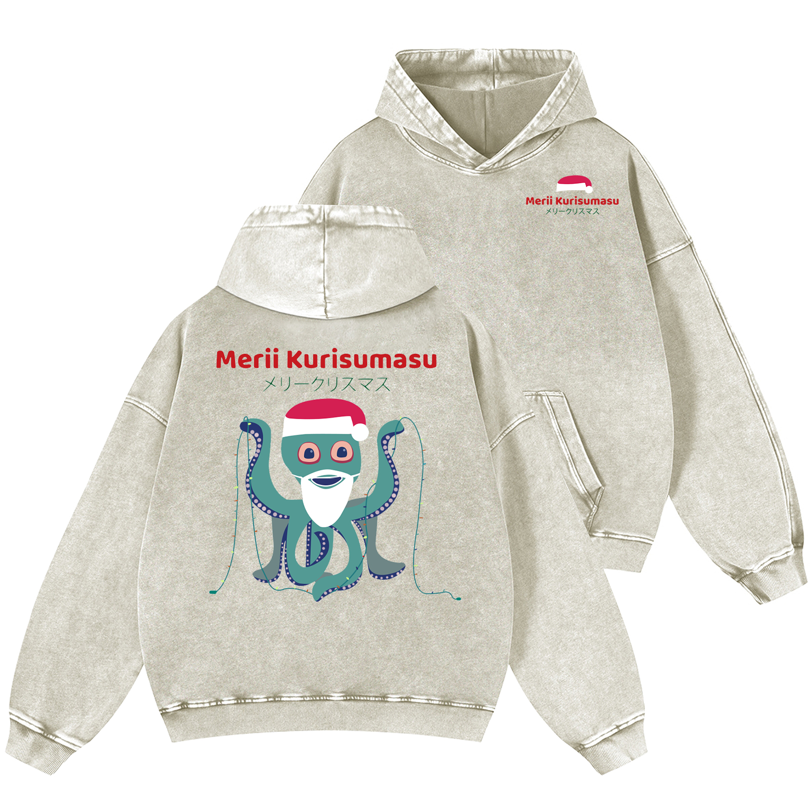 Christmas Octopus Vintage Washed Cotton Back Art Hoodie