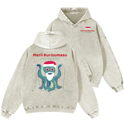 Christmas Octopus Vintage Washed Cotton Back Art Hoodie