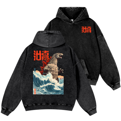 Godzilla Wave Vintage Washed Cotton Back Art Hoodie