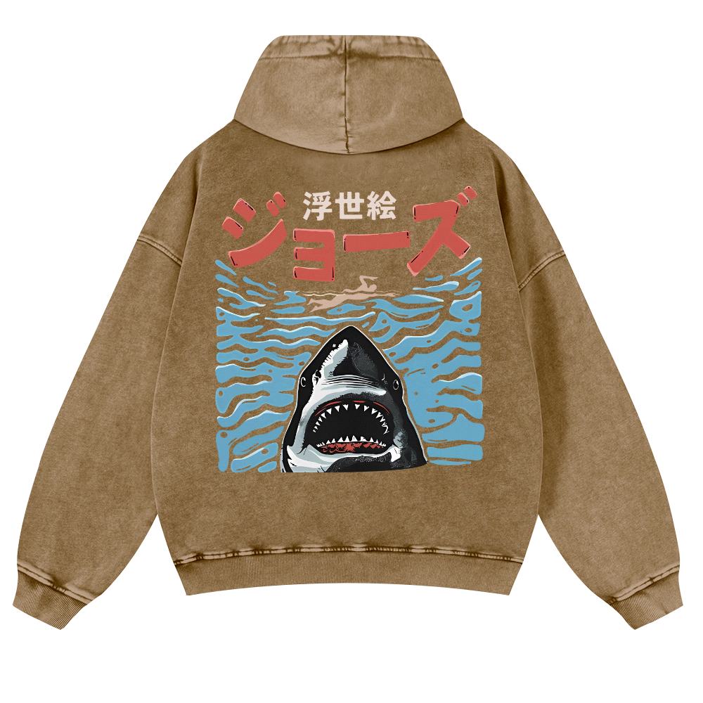 Ukiyoe Jaws Shark Vintage Washed Cotton Back Art Hoodie