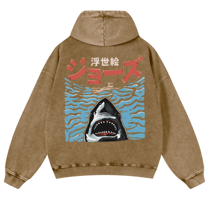 Ukiyoe Jaws Shark Vintage Washed Cotton Back Art Hoodie