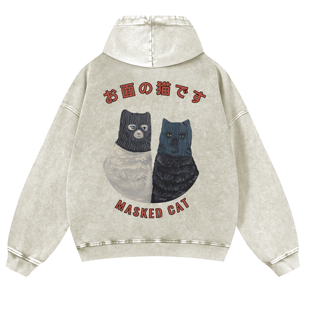 Masked Cat Vintage Washed Cotton Back Art Hoodie