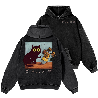 Cat Vintage Washed Cotton Back Art Hoodie