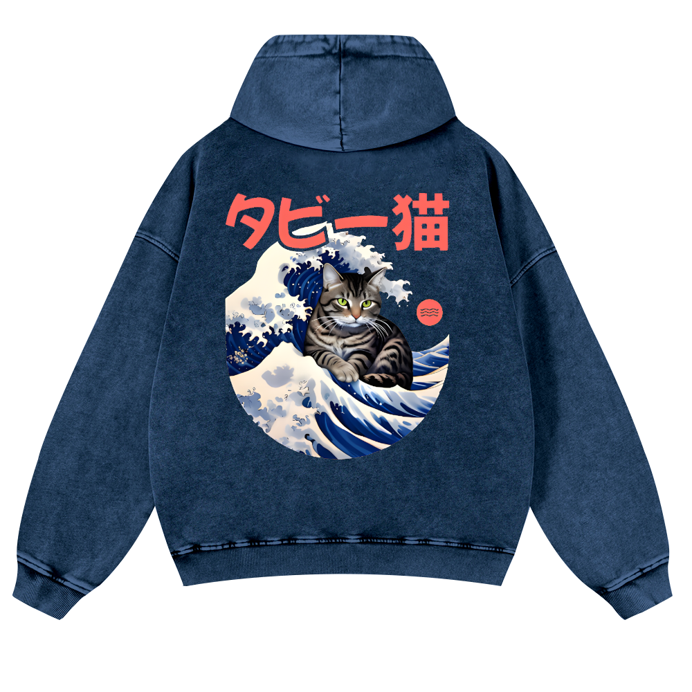 Cat Wave Vintage Washed Cotton Back Art Hoodie