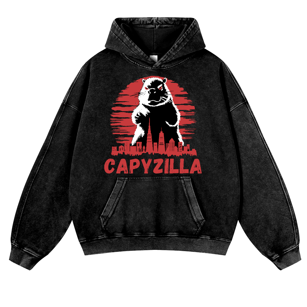 Capybara Godzilla Capyzilla Vintage Washed Thick Cotton Hoodie