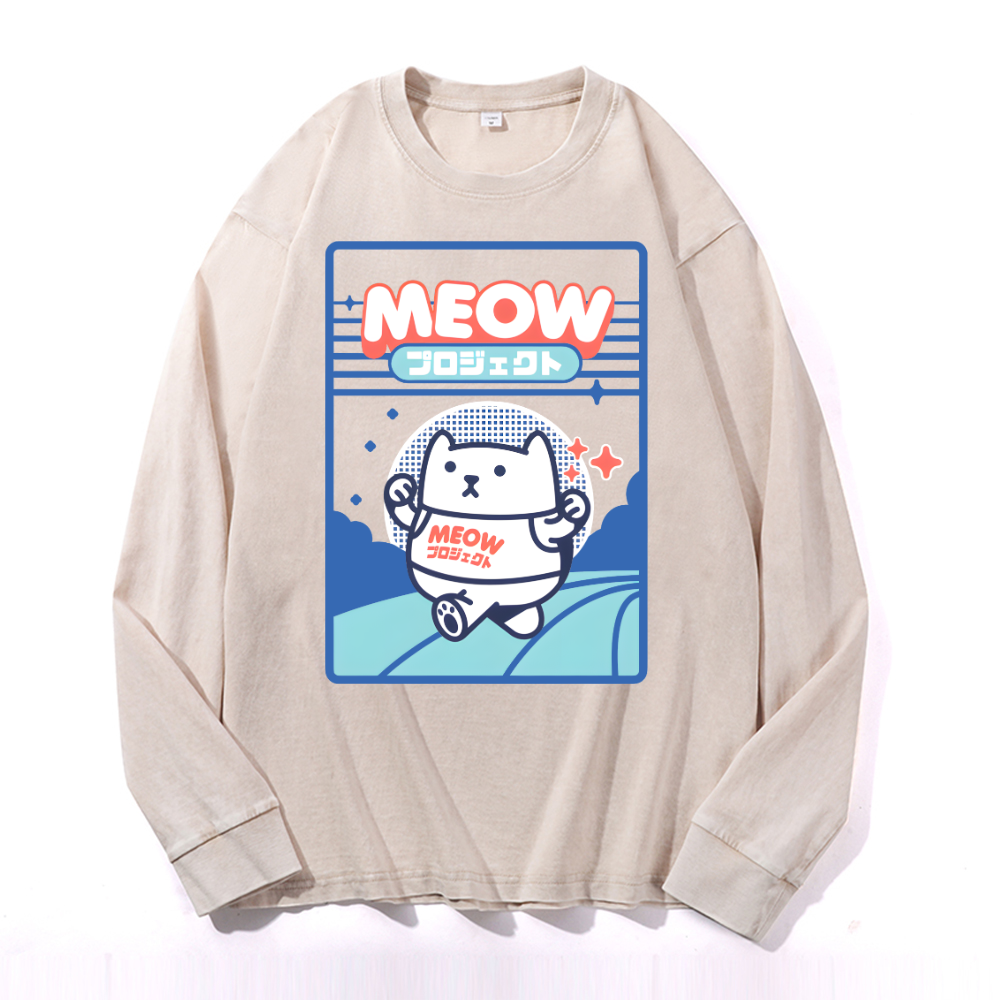 Meow Cat Vintage Cotton Wash Crewneck Sweatshirt