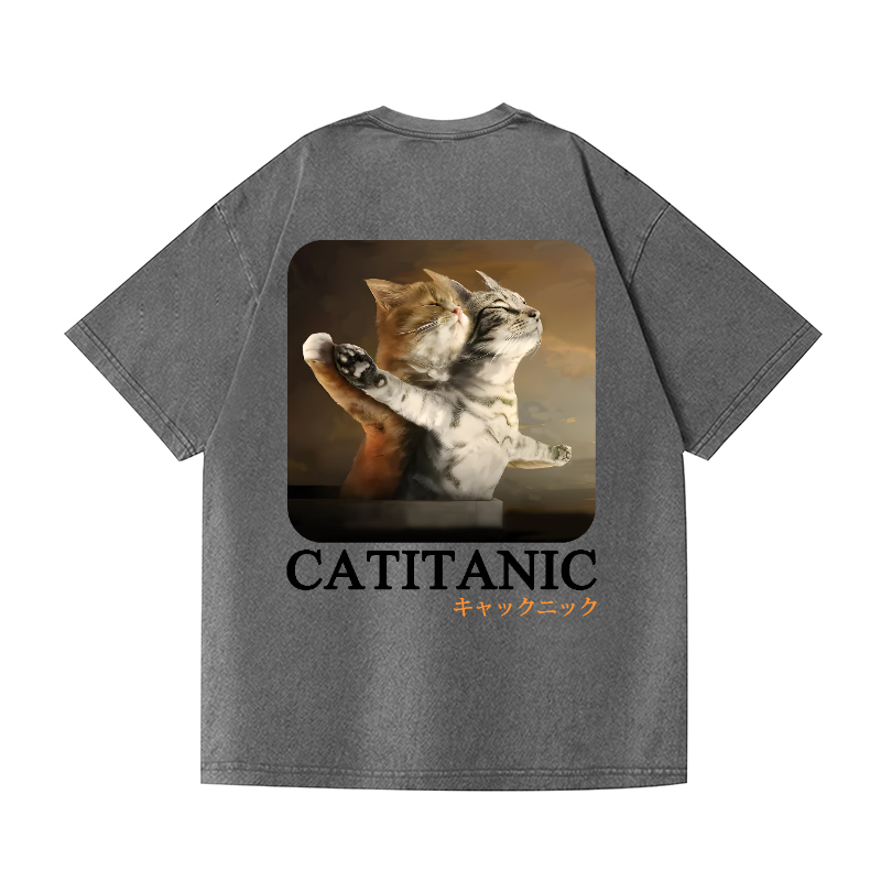 Catitanic Cat Vintage Wash Japanese Design Back Art T-Shirt