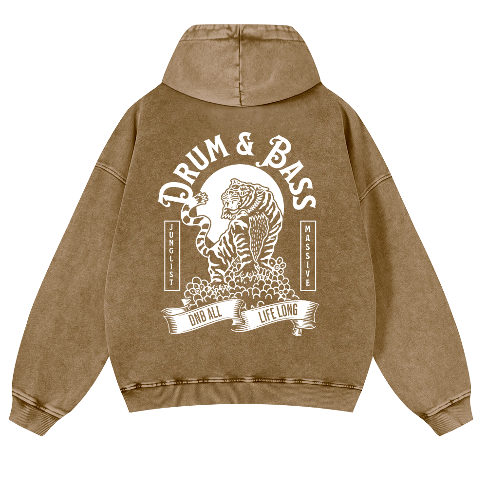 Drum and Bass Tiger Vintage Washed Cotton Back Art Hoodie