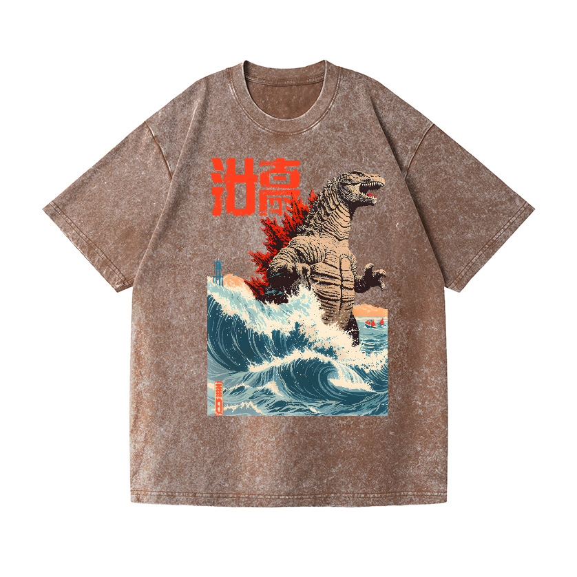 Godzilla Wave Vintage Wash Japanese Design T-Shirt