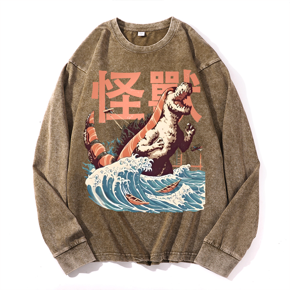 Godzilla Sushi Monster Wave Vintage Cotton Wash Crewneck Sweatshirt