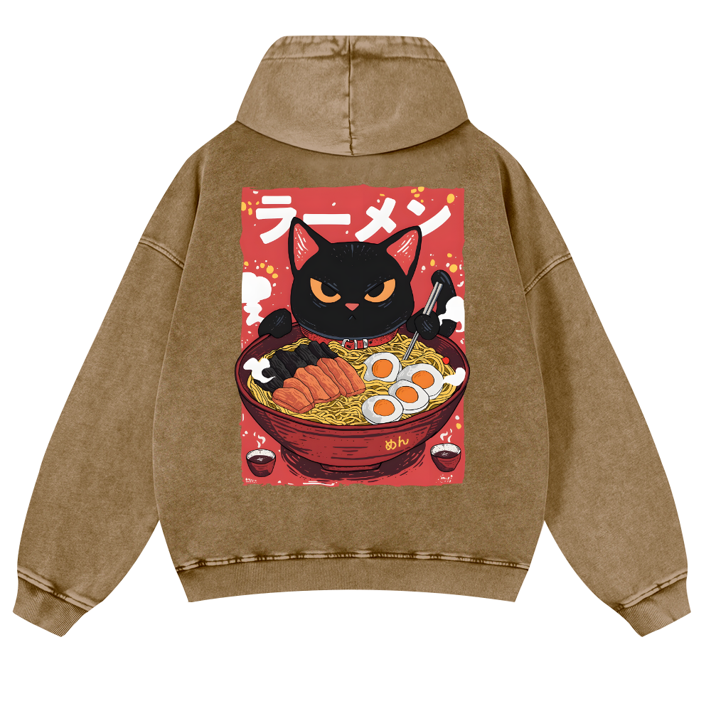 Ramen Black Cat Vintage Washed Cotton Back Art Hoodie