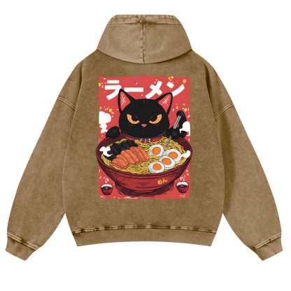 Ramen Black Cat Vintage Washed Cotton Back Art Hoodie