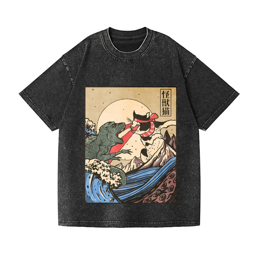 Cat Vintage Wash Japanese Design T-Shirt