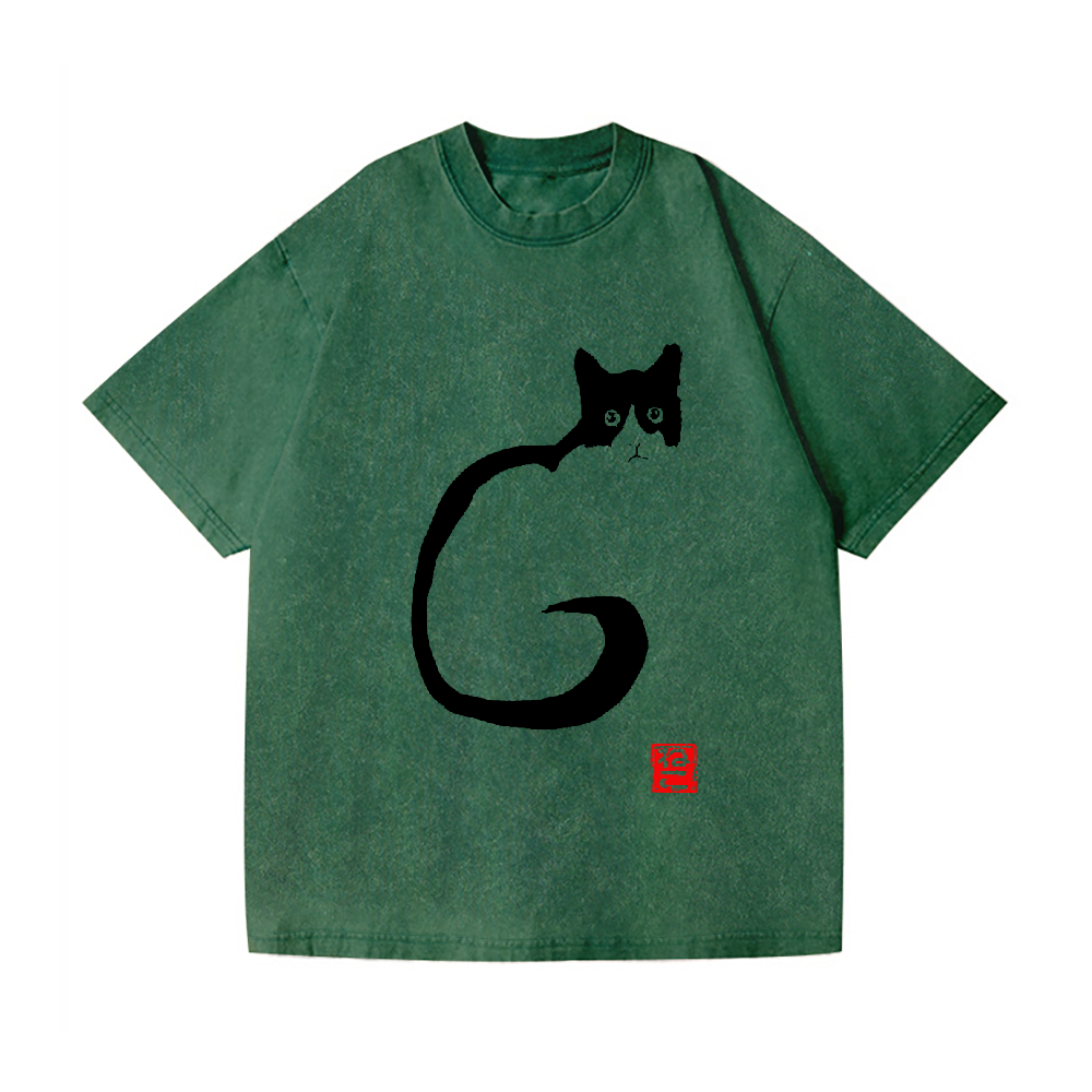 Black Ink Cat Neko Vintage Wash Japanese Design T-Shirt