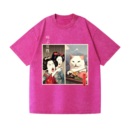 Women Yelling Cats Vintage Wash Japanese Design T-Shirt
