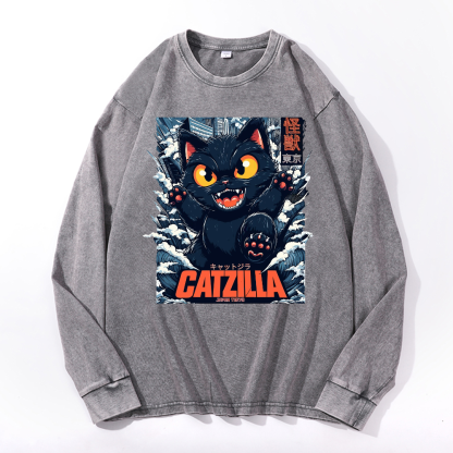 Catzilla Cat Godzilla Vintage Cotton Wash Crewneck Sweatshirt