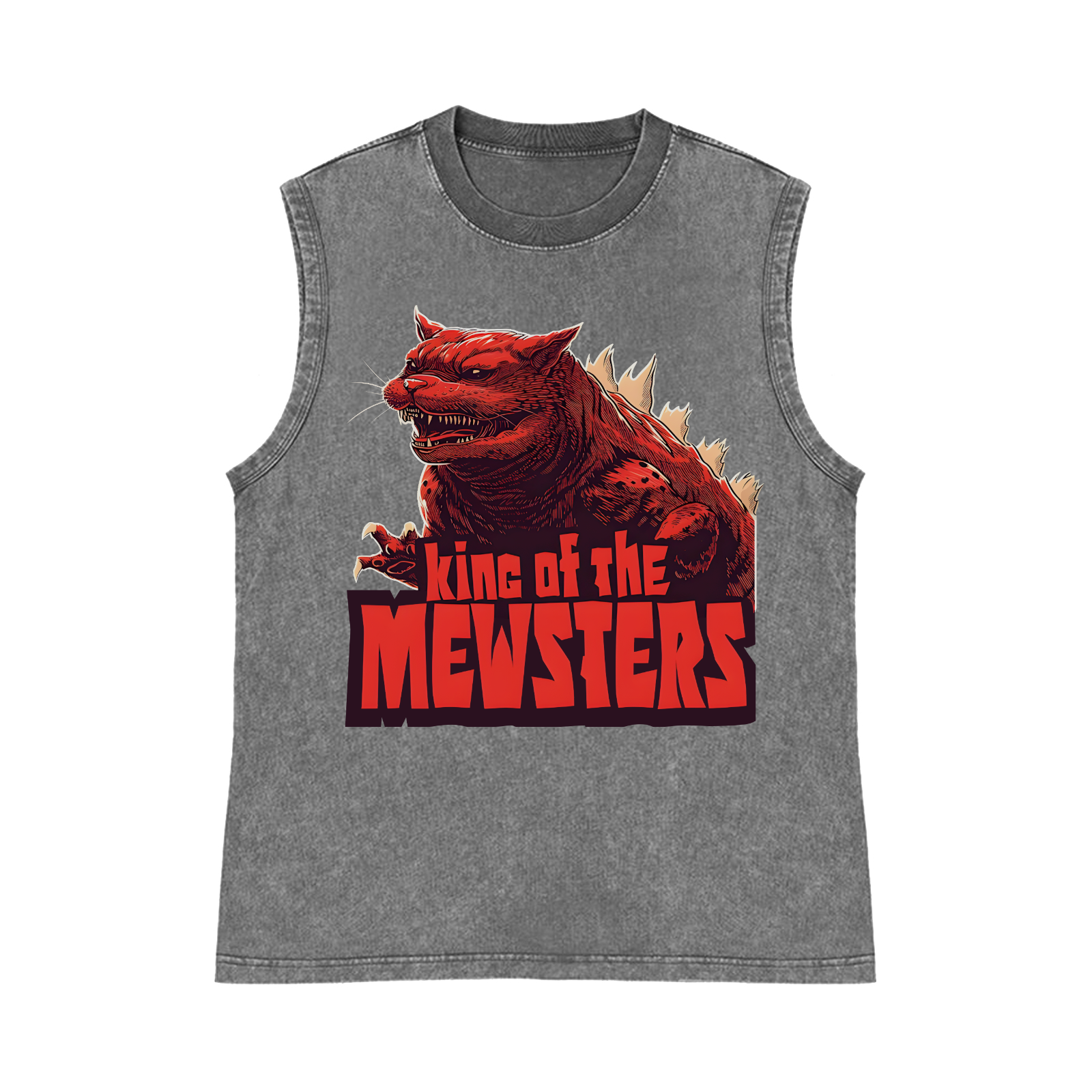 Cat Catzilla Godzilla King Of The Mewsters Pure Cotton Wash-Dyed Sleeveless Tank Top