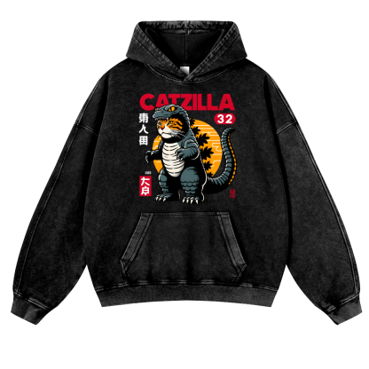 Catzilla Cat Godzilla Vintage Washed Thick Cotton Hoodie