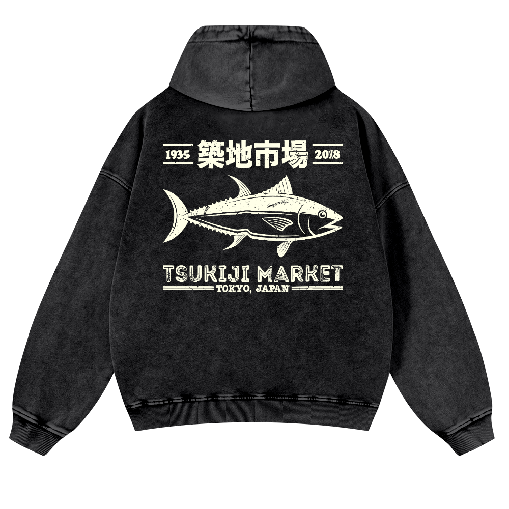 Tsukiji Market Fish Vintage Washed Cotton Back Art Hoodie