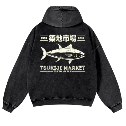 Tsukiji Market Fish Vintage Washed Cotton Back Art Hoodie