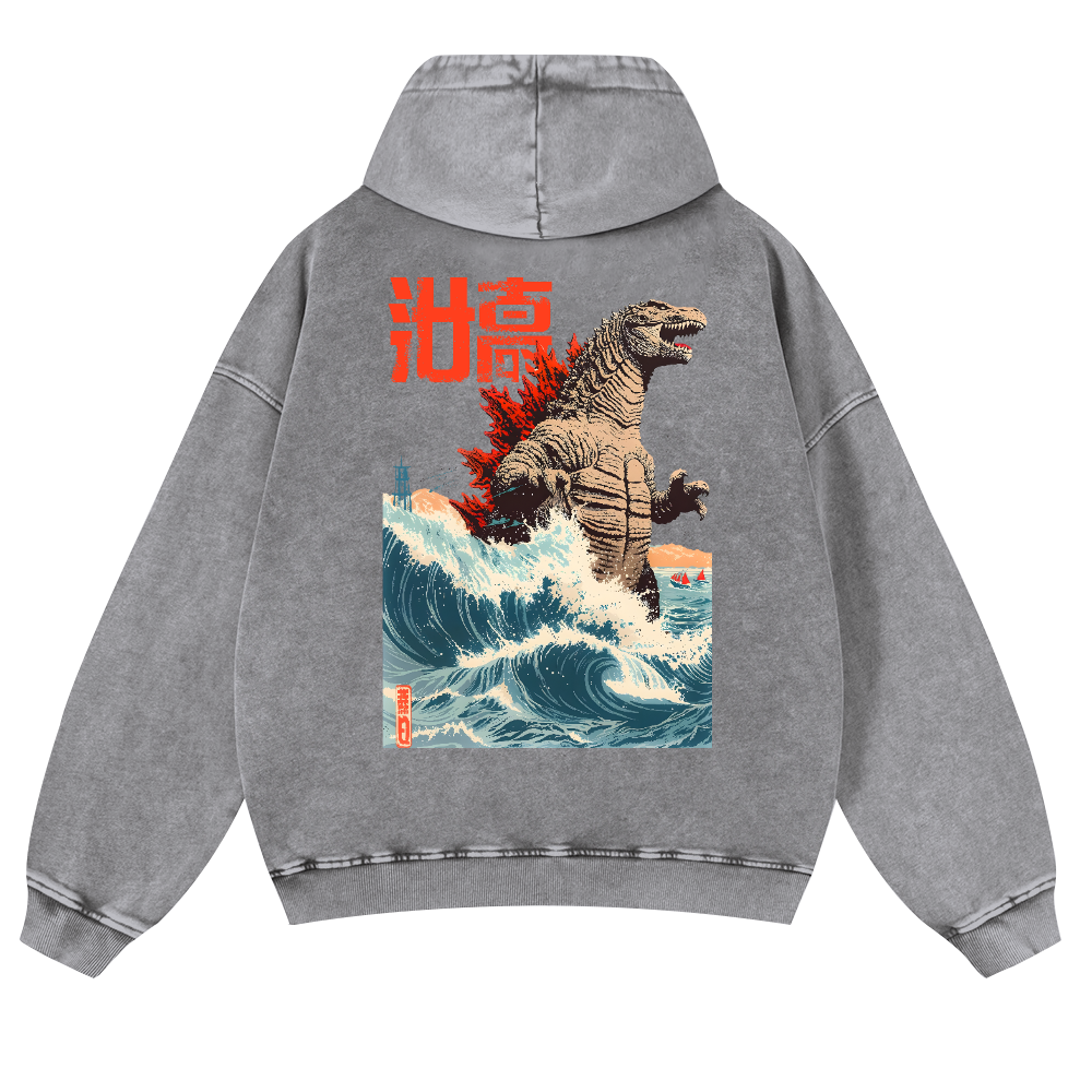 Godzilla Wave Vintage Washed Cotton Back Art Hoodie