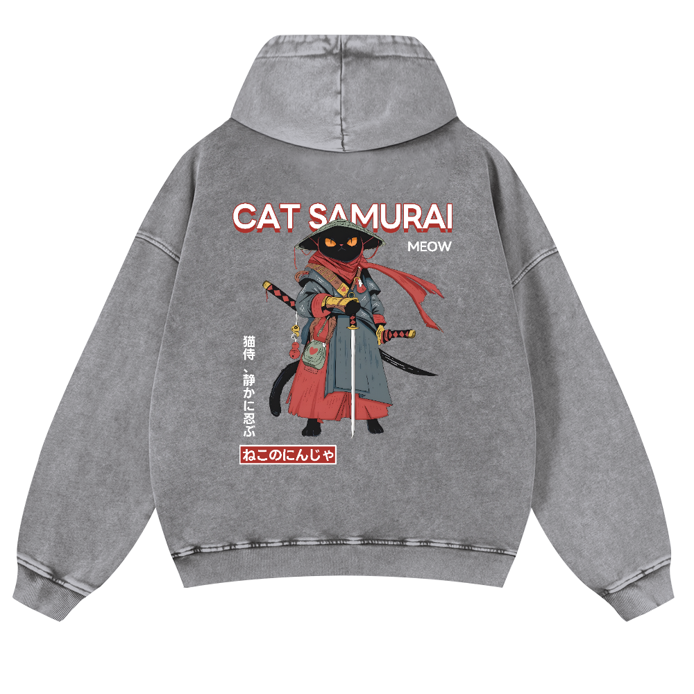 Cat Samurai Vintage Washed Cotton Back Art Hoodie
