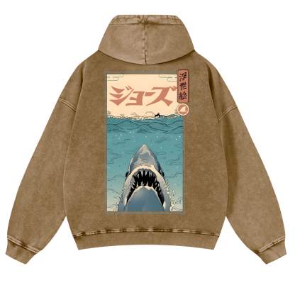 Shark Ukiyoe Vintage Washed Cotton Back Art Hoodie