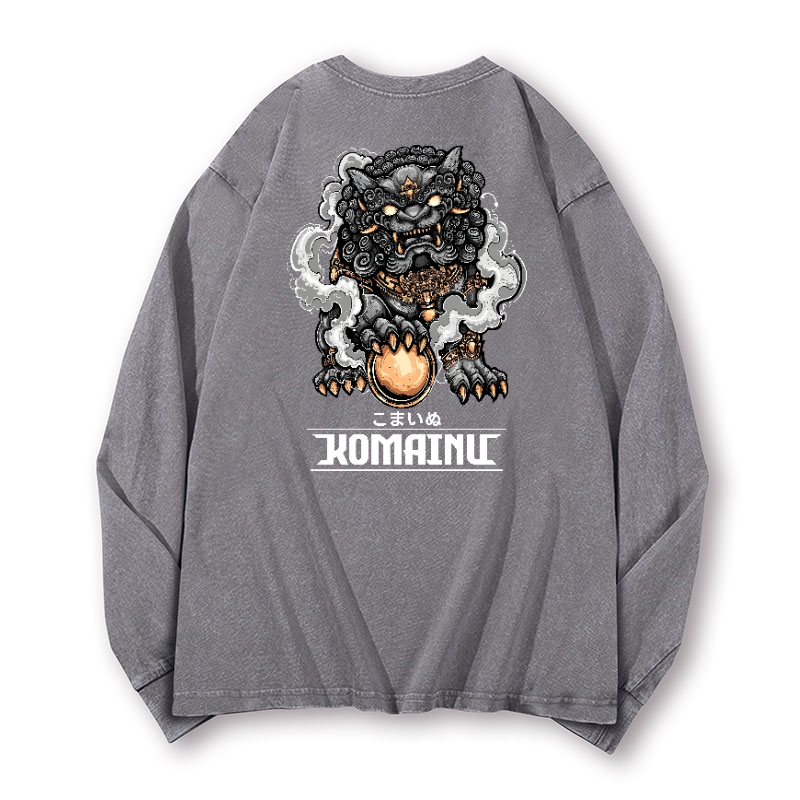 Komainu Vintage Washed Cotton Back Art Long-sleeve T-shirt