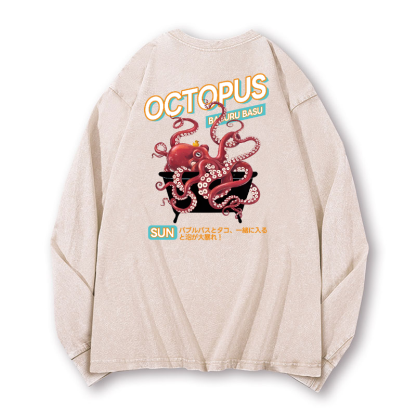 Bubble Bath Octopus Vintage Washed Cotton Back Art Long-sleeve T-shirt