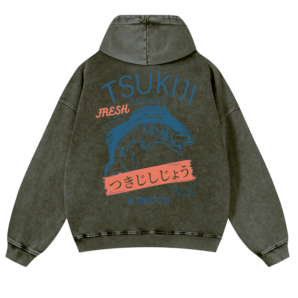 Tsukiji Fish Market Vintage Washed Cotton Back Art Hoodie