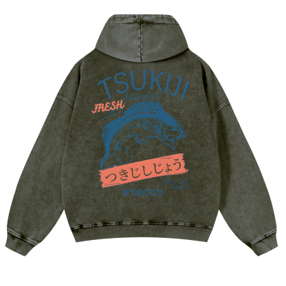 Tsukiji Fish Market Vintage Washed Cotton Back Art Hoodie
