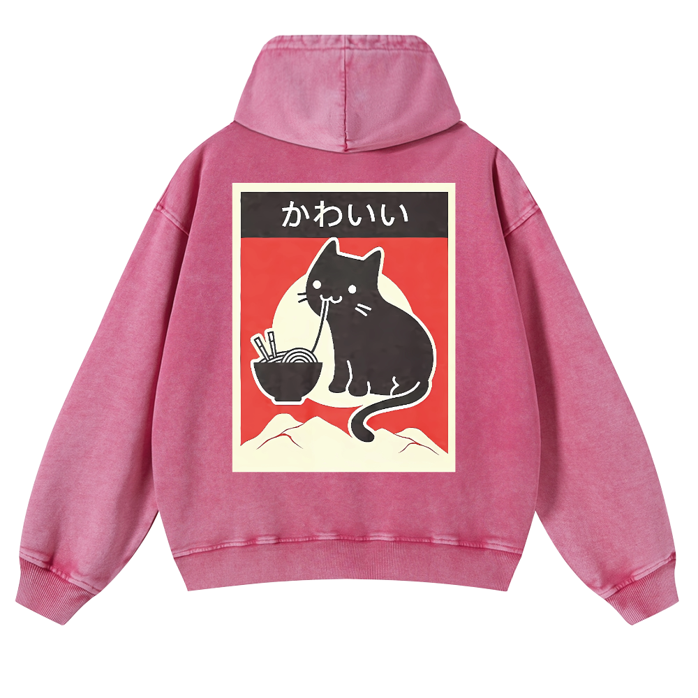 Ramen Cat Vintage Washed Cotton Back Art Hoodie