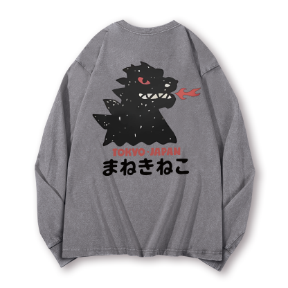 Godzilla Monster Tokyo Japan Vintage Washed Cotton Back Art Long-sleeve T-shirt