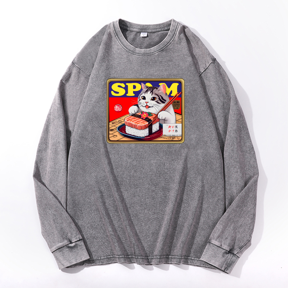 Spam Cat Vintage Cotton Wash Crewneck Sweatshirt
