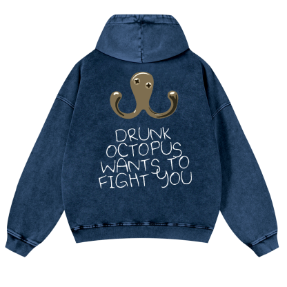 Drunken Octopus Vintage Washed Cotton Back Art Hoodie