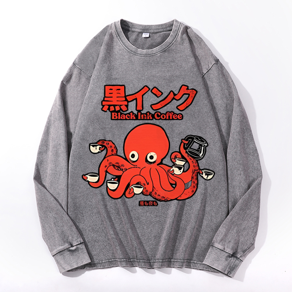 Octopus Coffee Vintage Cotton Wash Crewneck Sweatshirt