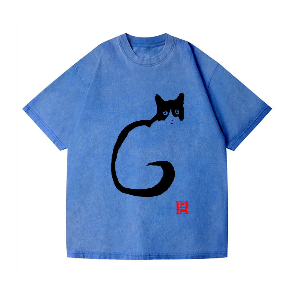 Black Ink Cat Neko Vintage Wash Japanese Design T-Shirt
