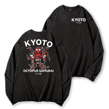 Kyoto Octopus Samurai Vintage Washed Cotton Back Art Long-sleeve T-shirt