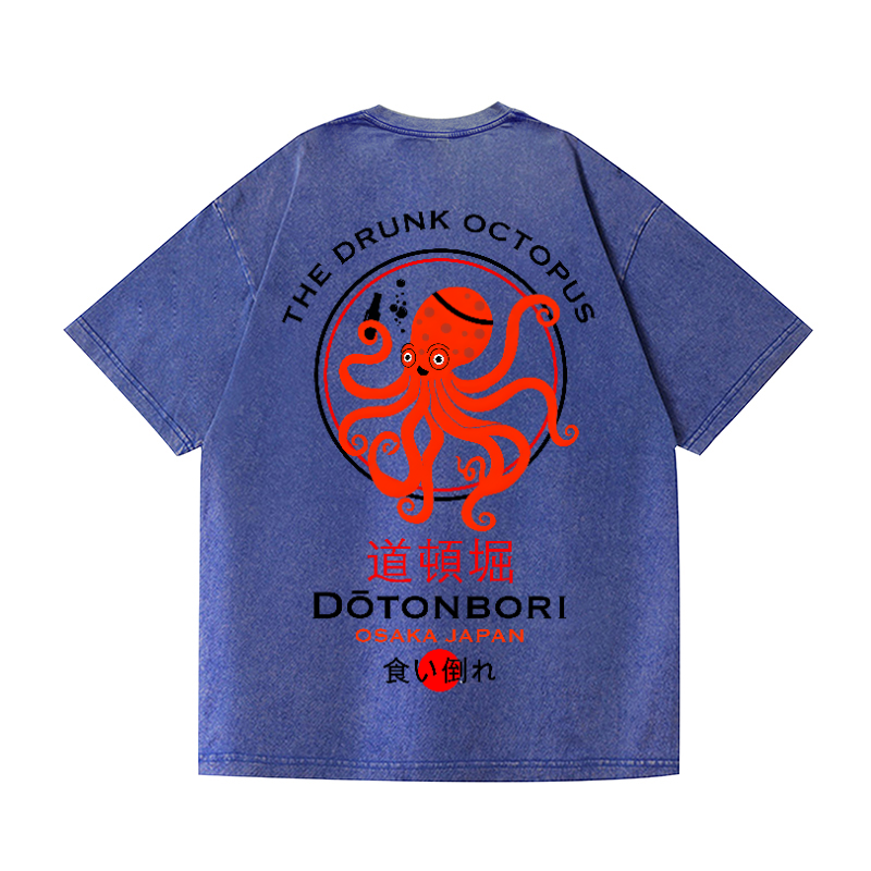 Osaka Dotonbori Drunken Octopus Vintage Wash Japanese Design Back Art T-Shirt